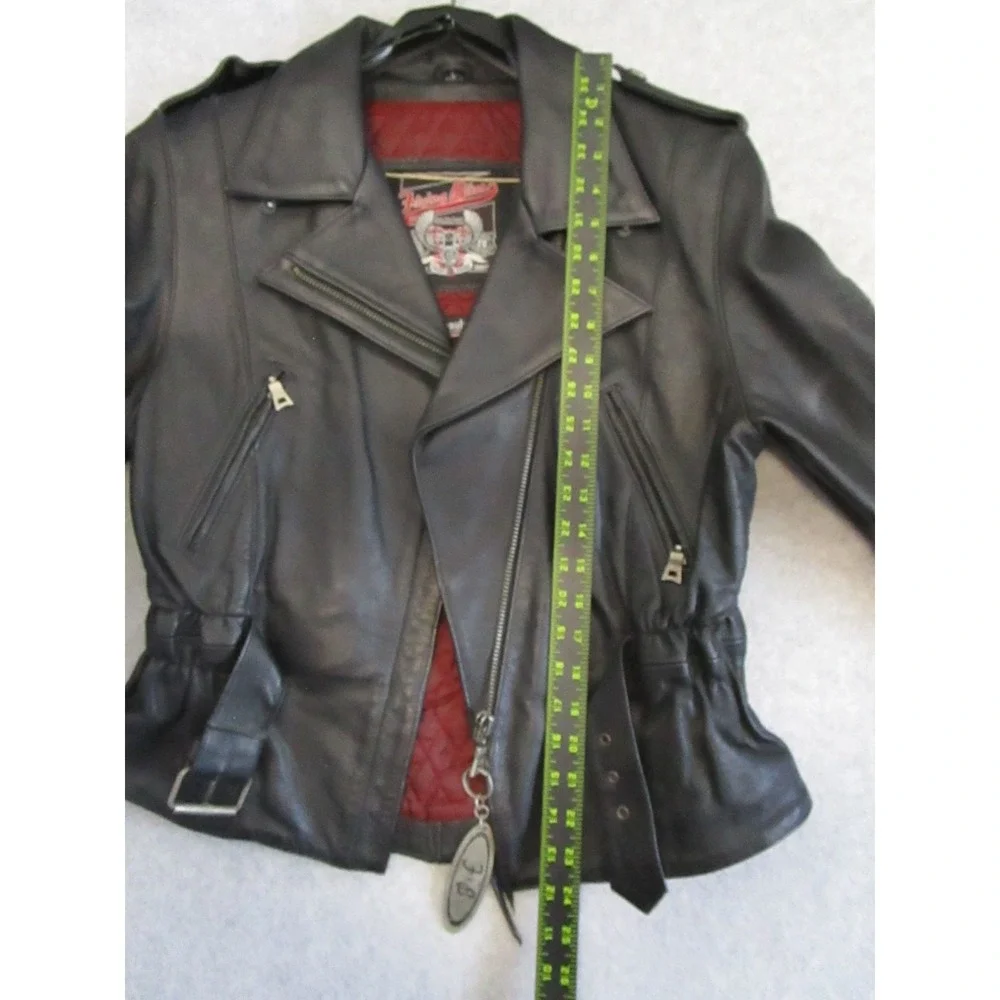 Flying Bikes Oakwood Leather Motorcycle Jacket Womens Large Black Quilted Belted